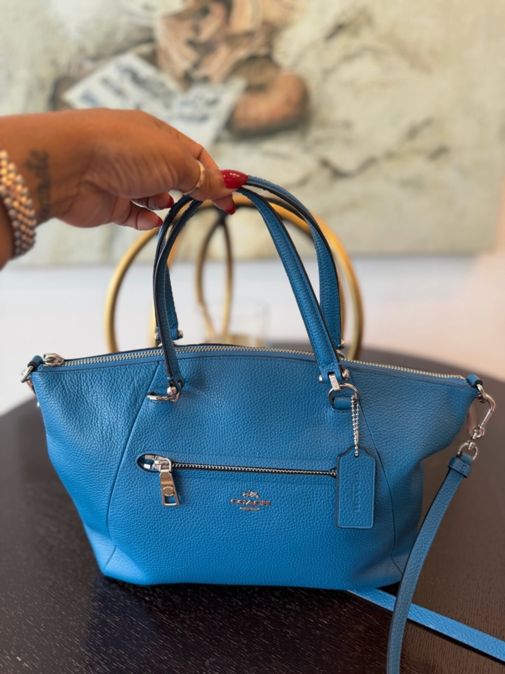 Coach Blue Pebbled Leather Prairie Satchel with Crossbody Strap